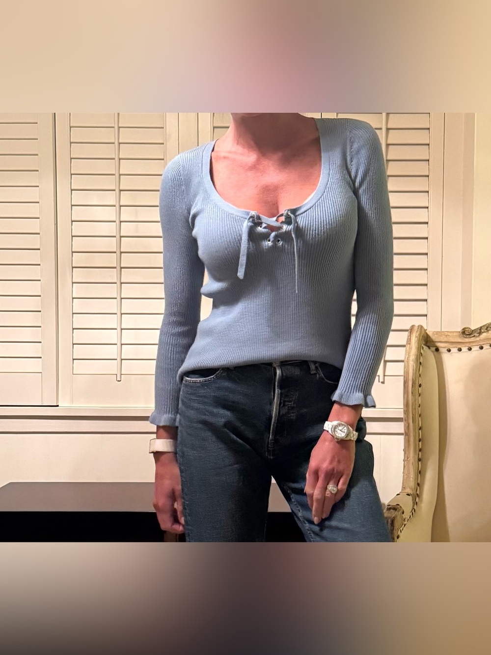 Sezane blue tie front merino wool sweater